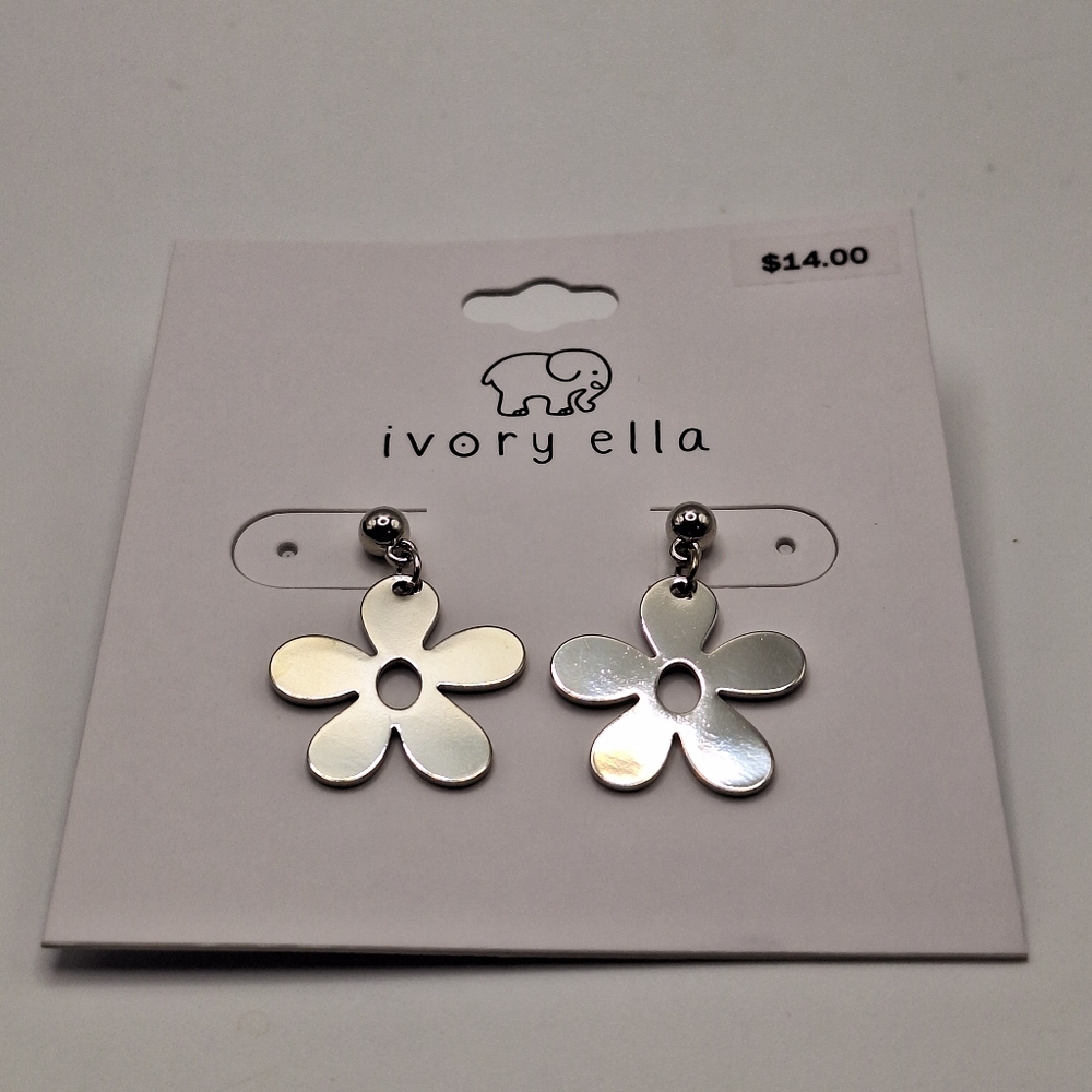 Ivory Ella Silver Tone Flower Earrings | Minimalist Floral Dangle Earrings | NWT